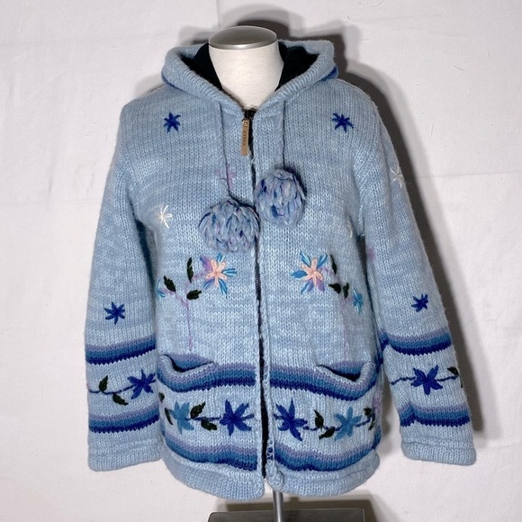 Kyber Blue Knit Full Zip Lined Wool Snowflake Flower Hoodie Sweater S - Picture 2 of 15